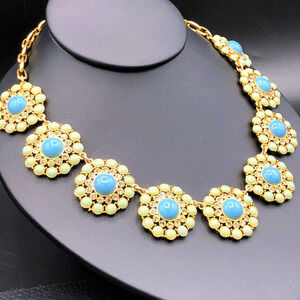 J. CREW Statement Bib Necklace Aqua Mint Green Crystal Cabs Gold Tone Medallions